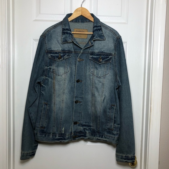 Carbon 70829 Denim Blue Yellowish Wash Distressed Buttoned Trucker Jean Jacket L - Picture 2 of 16